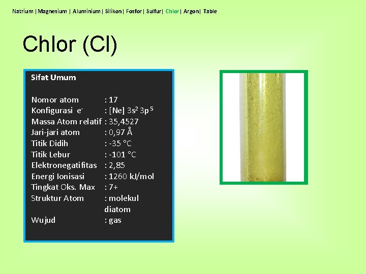 Natrium |Magnesium | Aluminium| Silikon| Fosfor| Sulfur| Chlor| Argon| Table Chlor (Cl) Sifat Umum