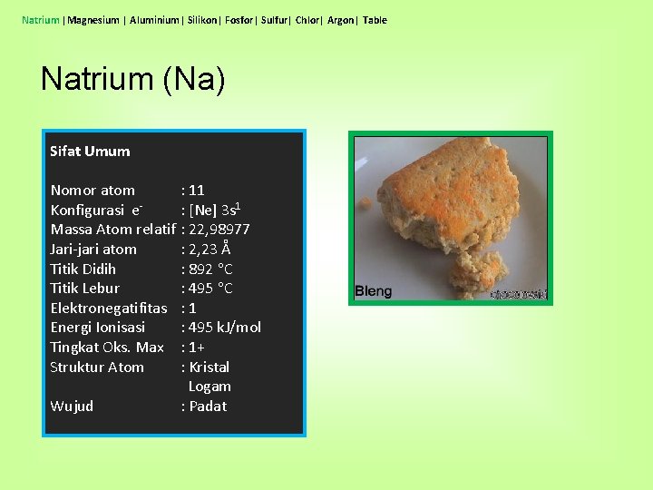 Natrium |Magnesium | Aluminium| Silikon| Fosfor| Sulfur| Chlor| Argon| Table Natrium (Na) Sifat Umum