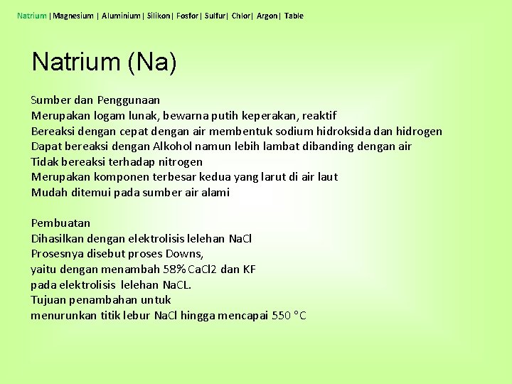 Natrium |Magnesium | Aluminium| Silikon| Fosfor| Sulfur| Chlor| Argon| Table Natrium (Na) Sumber dan