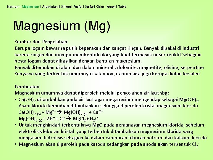 Natrium |Magnesium | Aluminium| Silikon| Fosfor| Sulfur| Chlor| Argon| Table Magnesium (Mg) Sumber dan