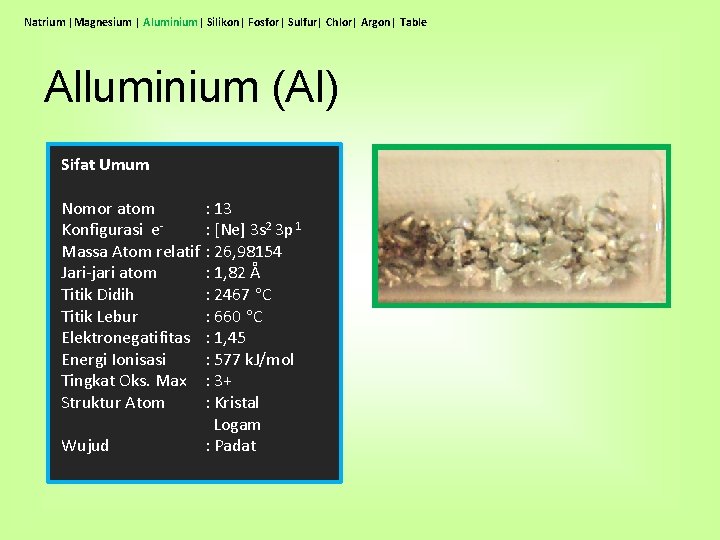 Natrium |Magnesium | Aluminium| Silikon| Fosfor| Sulfur| Chlor| Argon| Table Alluminium (Al) Sifat Umum