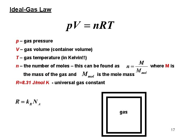 Ideal-Gas Law p – gas pressure V – gas volume (container volume) T –