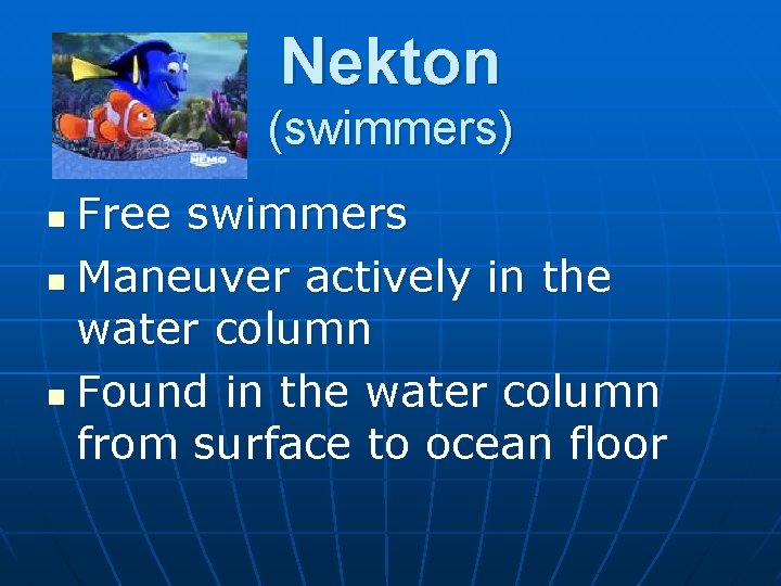 Nekton (swimmers) Free swimmers n Maneuver actively in the water column n Found in