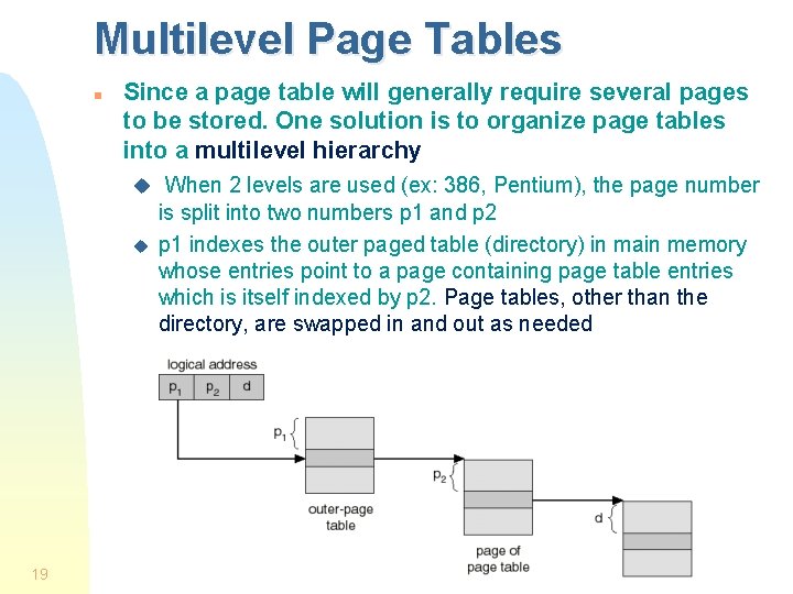 Multilevel Page Tables n Since a page table will generally require several pages to