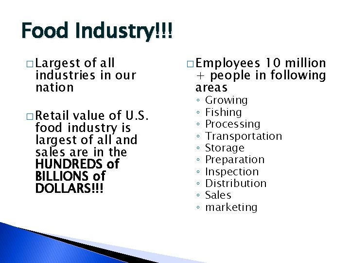 Food Industry!!! � Largest of all industries in our nation � Retail value of