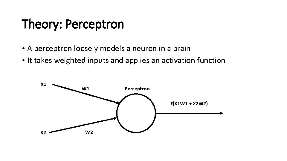 Theory: Perceptron • A perceptron loosely models a neuron in a brain • It