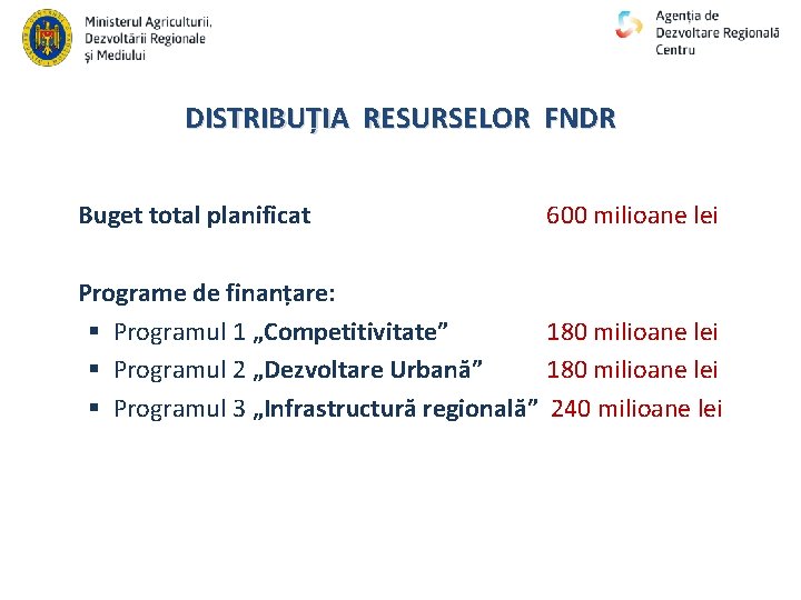 DISTRIBUȚIA RESURSELOR FNDR Buget total planificat 600 milioane lei Programe de finanțare: § Programul