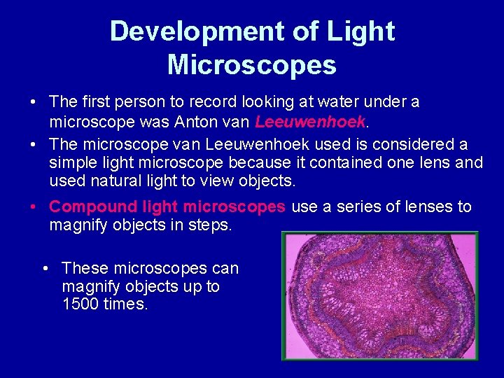 Development of Light Microscopes • The first person to record looking at water under