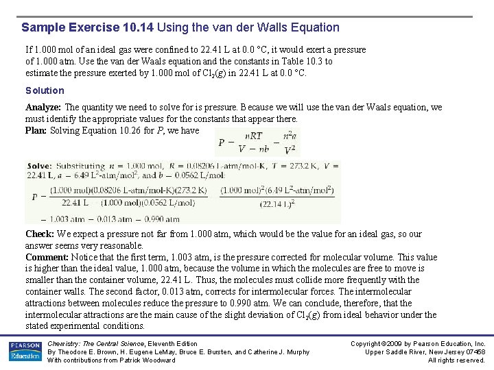 Sample Exercise 10. 14 Using the van der Walls Equation If 1. 000 mol