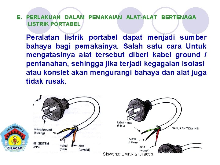 E. PERLAKUAN DALAM PEMAKAIAN ALAT-ALAT BERTENAGA LISTRIK PORTABEL Peralatan listrik portabel dapat menjadi sumber