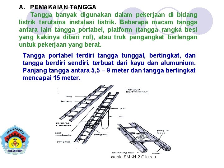 A. PEMAKAIAN TANGGA Tangga banyak digunakan dalam pekerjaan di bidang listrik terutama instalasi listrik.