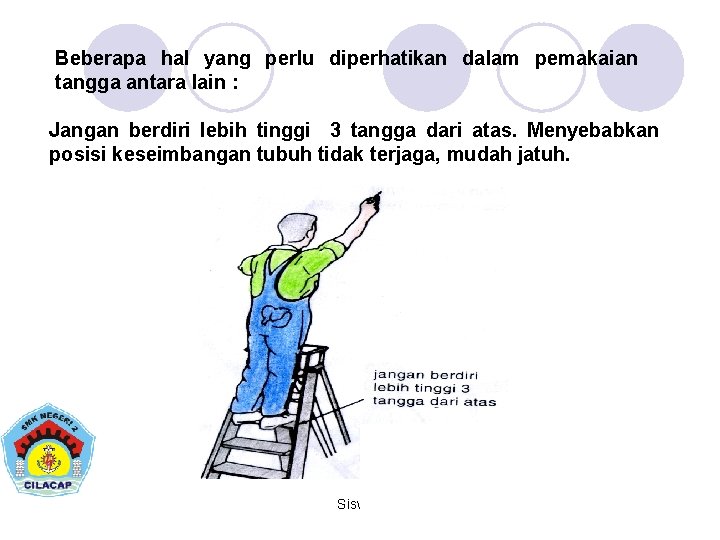 Beberapa hal yang perlu diperhatikan dalam pemakaian tangga antara lain : Jangan berdiri lebih