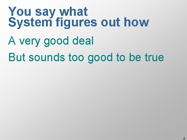 You say what System figures out how A very good deal But sounds too