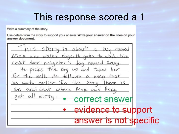 This response scored a 1 • correct answer • evidence to support answer is