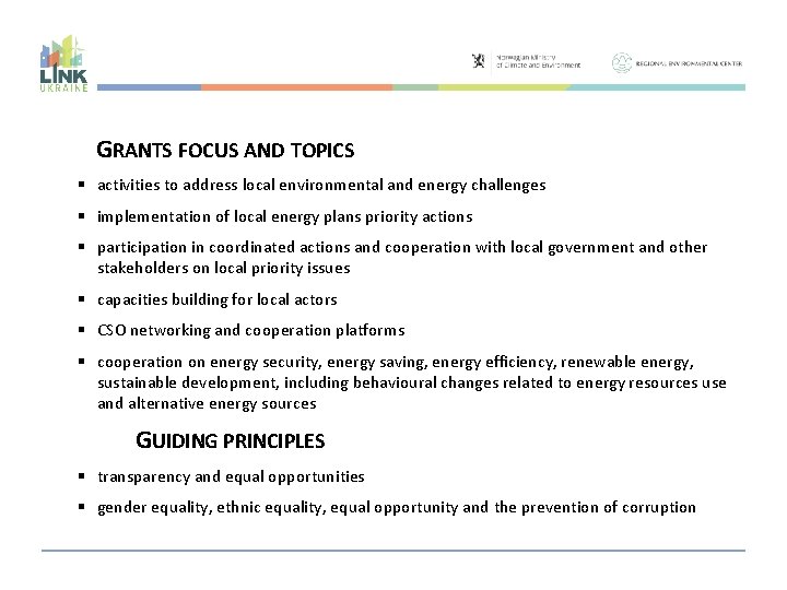 GRANTS FOCUS AND TOPICS activities to address local environmental and energy challenges implementation of