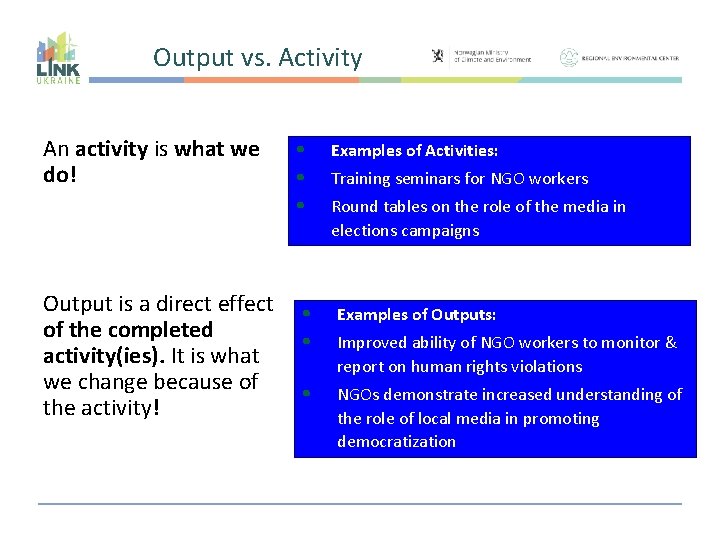 Output vs. Activity An activity is what we do! Output is a direct effect