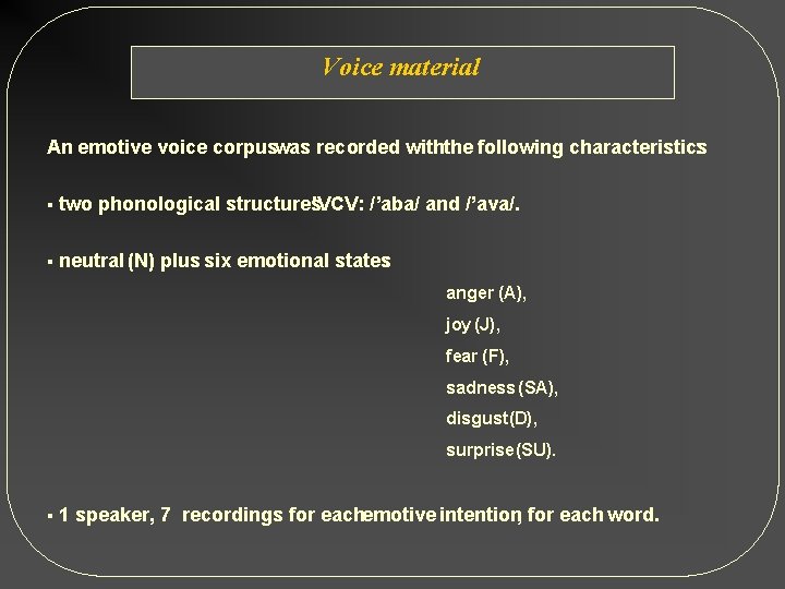 Voice material An emotive voice corpuswas recorded withthe following characteristics : § two phonological