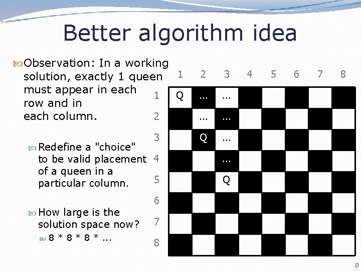 Better algorithm idea Observation: In a working solution, exactly 1 queen 1 must appear