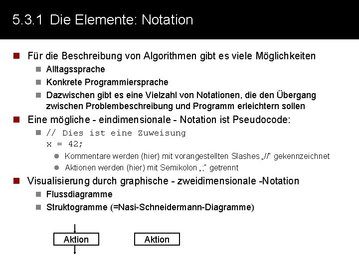 5. 3. 1 Die Elemente: Notation n Für die Beschreibung von Algorithmen gibt es