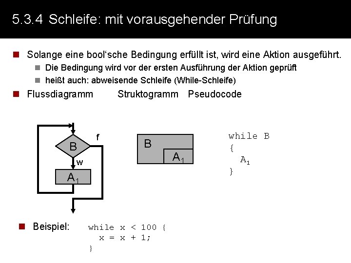 5. 3. 4 Schleife: mit vorausgehender Prüfung n Solange eine bool‘sche Bedingung erfüllt ist,