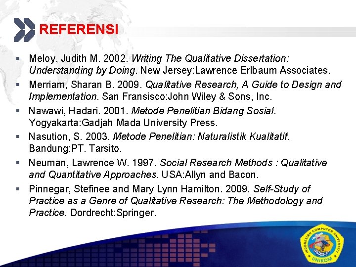 REFERENSI Add your company slogan § Meloy, Judith M. 2002. Writing The Qualitative Dissertation: