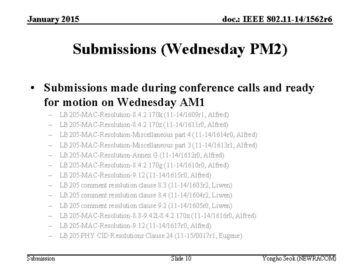 January 2015 doc. : IEEE 802. 11 -14/1562 r 6 Submissions (Wednesday PM 2)