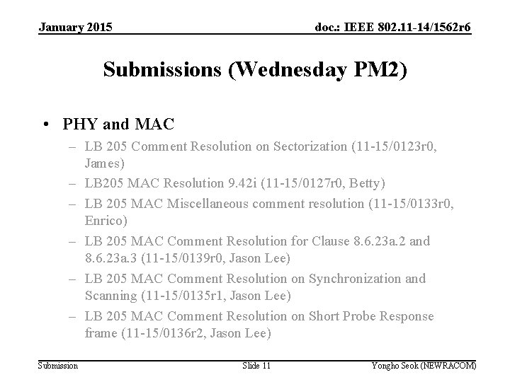 January 2015 doc. : IEEE 802. 11 -14/1562 r 6 Submissions (Wednesday PM 2)