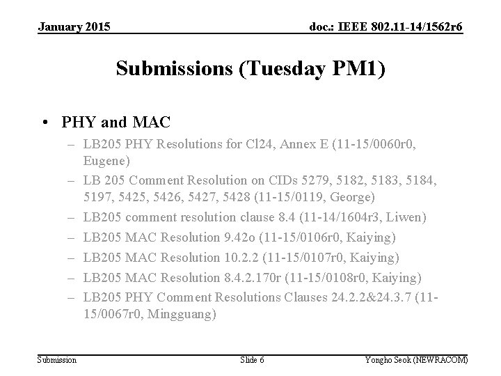 January 2015 doc. : IEEE 802. 11 -14/1562 r 6 Submissions (Tuesday PM 1) January 2015 doc. : IEEE 802. 11 -14/1562 r 6 Submissions (Tuesday PM 1)