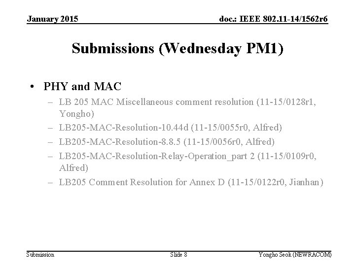 January 2015 doc. : IEEE 802. 11 -14/1562 r 6 Submissions (Wednesday PM 1)