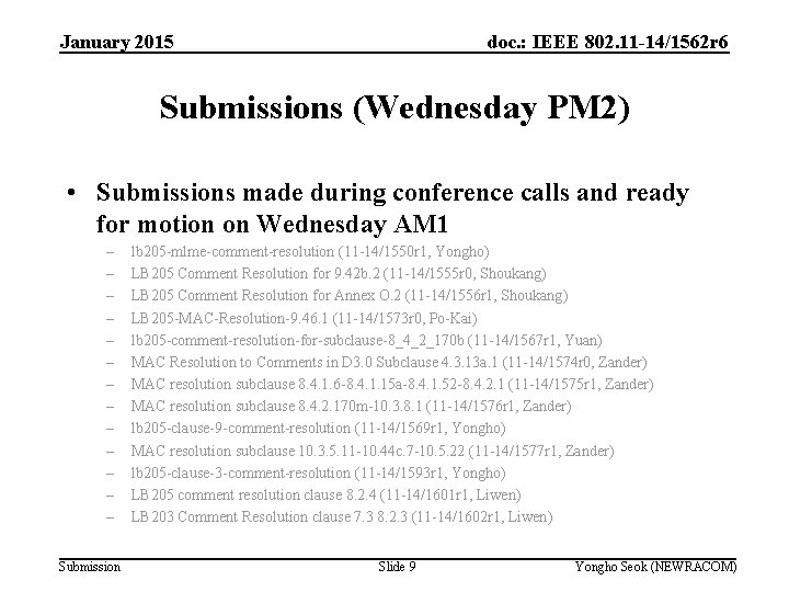 January 2015 doc. : IEEE 802. 11 -14/1562 r 6 Submissions (Wednesday PM 2)