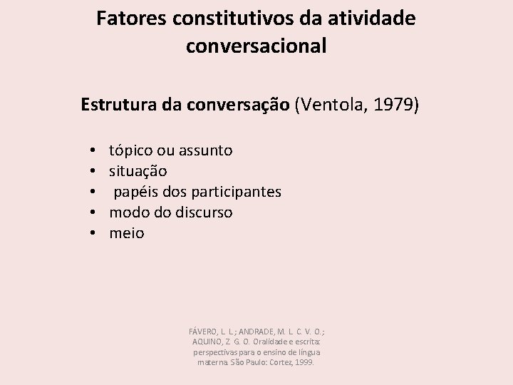 Fatores constitutivos da atividade conversacional Estrutura da conversação (Ventola, 1979) • • • tópico