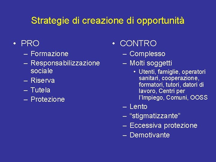 Strategie di creazione di opportunità • PRO – Formazione – Responsabilizzazione sociale – Riserva