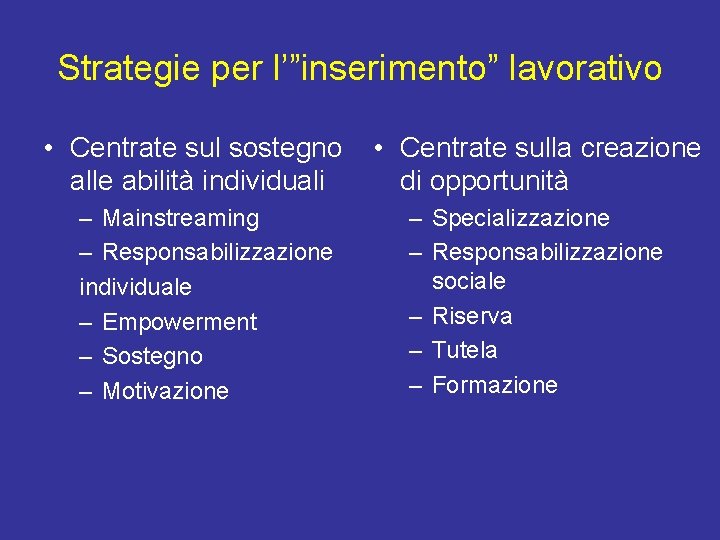 Strategie per l’”inserimento” lavorativo • Centrate sul sostegno alle abilità individuali – Mainstreaming –