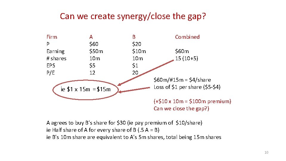 Can we create synergy/close the gap? Firm P Earning # shares EPS P/E A