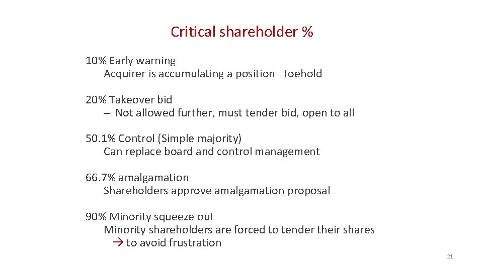 Critical shareholder % 10% Early warning Acquirer is accumulating a position– toehold 20% Takeover