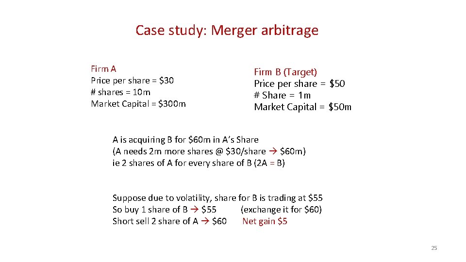 Case study: Merger arbitrage Firm A Price per share = $30 # shares =