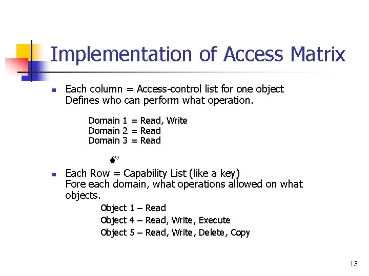 Implementation of Access Matrix n Each column = Access-control list for one object Defines