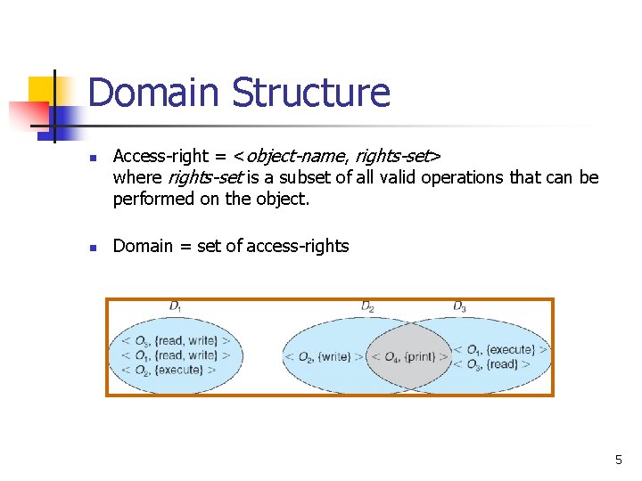 Domain Structure n n Access-right = <object-name, rights-set> where rights-set is a subset of