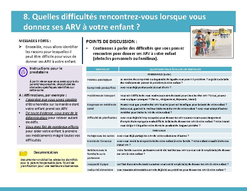 8. Quelles difficultés rencontrez-vous lorsque vous donnez ses ARV à votre enfant ? MESSAGES