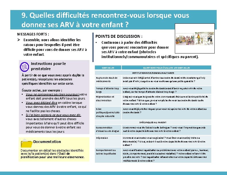 9. Quelles difficultés rencontrez-vous lorsque vous donnez ses ARV à votre enfant ? MESSAGES