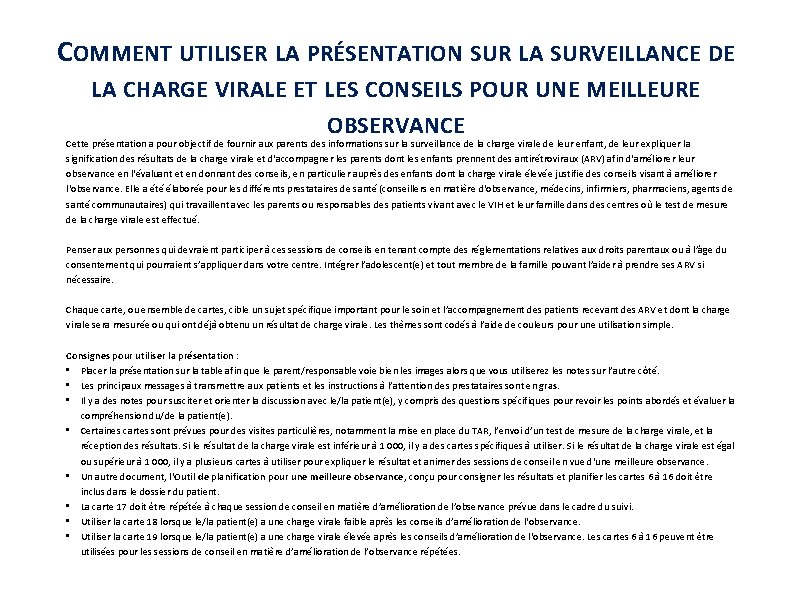 COMMENT UTILISER LA PRÉSENTATION SUR LA SURVEILLANCE DE LA CHARGE VIRALE ET LES CONSEILS