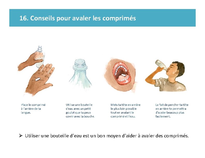 16. Conseils pour avaler les comprimés Ø Utiliser une bouteille d’eau est un bon