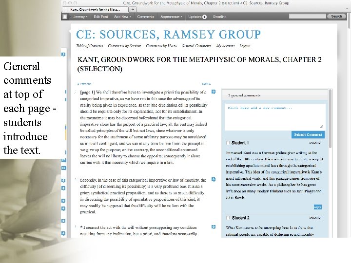 General comments at top of each page students introduce the text. 