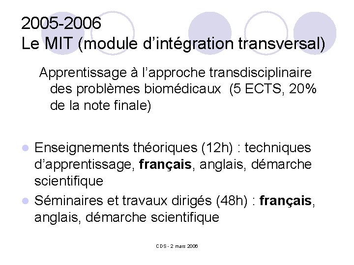 2005 -2006 Le MIT (module d’intégration transversal) Apprentissage à l’approche transdisciplinaire des problèmes biomédicaux