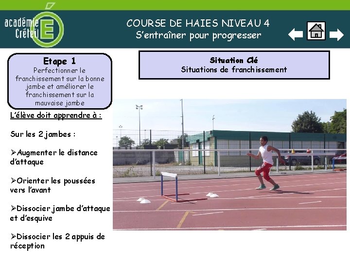 COURSE DE HAIES NIVEAU 4 S’entraîner pour progresser Etape 1 Perfectionner le franchissement sur