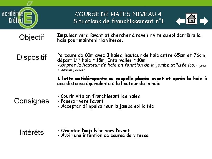 COURSE DE HAIES NIVEAU 4 Situations de franchissement n° 1 Objectif Dispositif Impulser vers