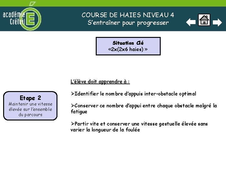 COURSE DE HAIES NIVEAU 4 S’entraîner pour progresser Situation Clé « 2 x(2 x