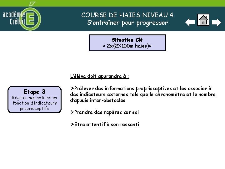 COURSE DE HAIES NIVEAU 4 S’entraîner pour progresser Situation Clé « 2 x(2 X