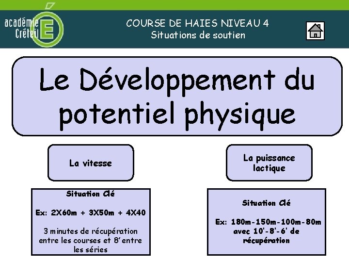 COURSE DE HAIES NIVEAU 4 Situations de soutien Le Développement du potentiel physique La