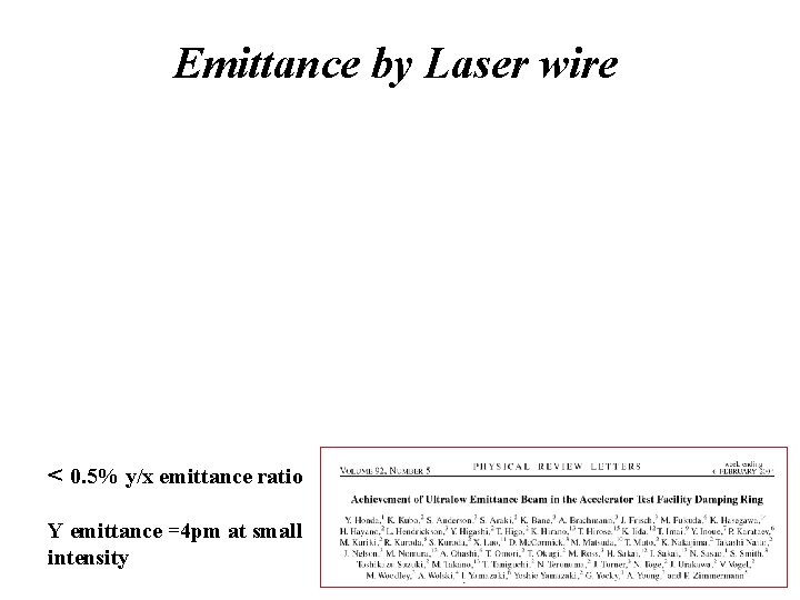 Emittance by Laser wire < 0. 5% y/x emittance ratio Y emittance =4 pm